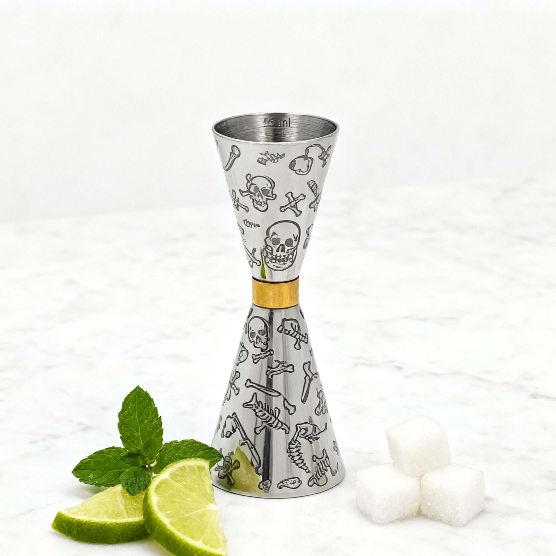 Skull Etched Double Sided Jigger with Gold Ring | 25ml & 50ml