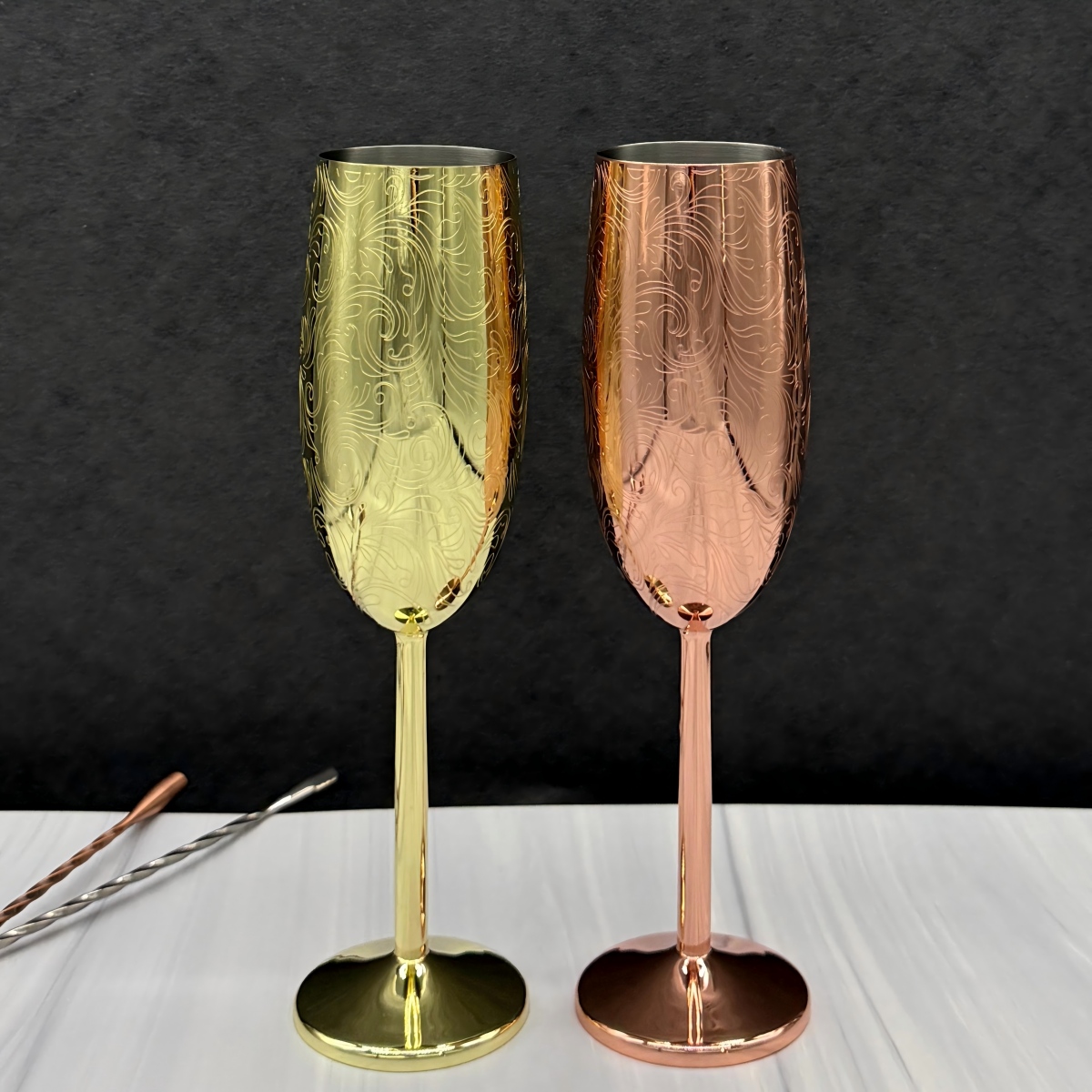 Wind Wave Pattern Etched Champagne Flute | Copper & Gold Stainless Steel