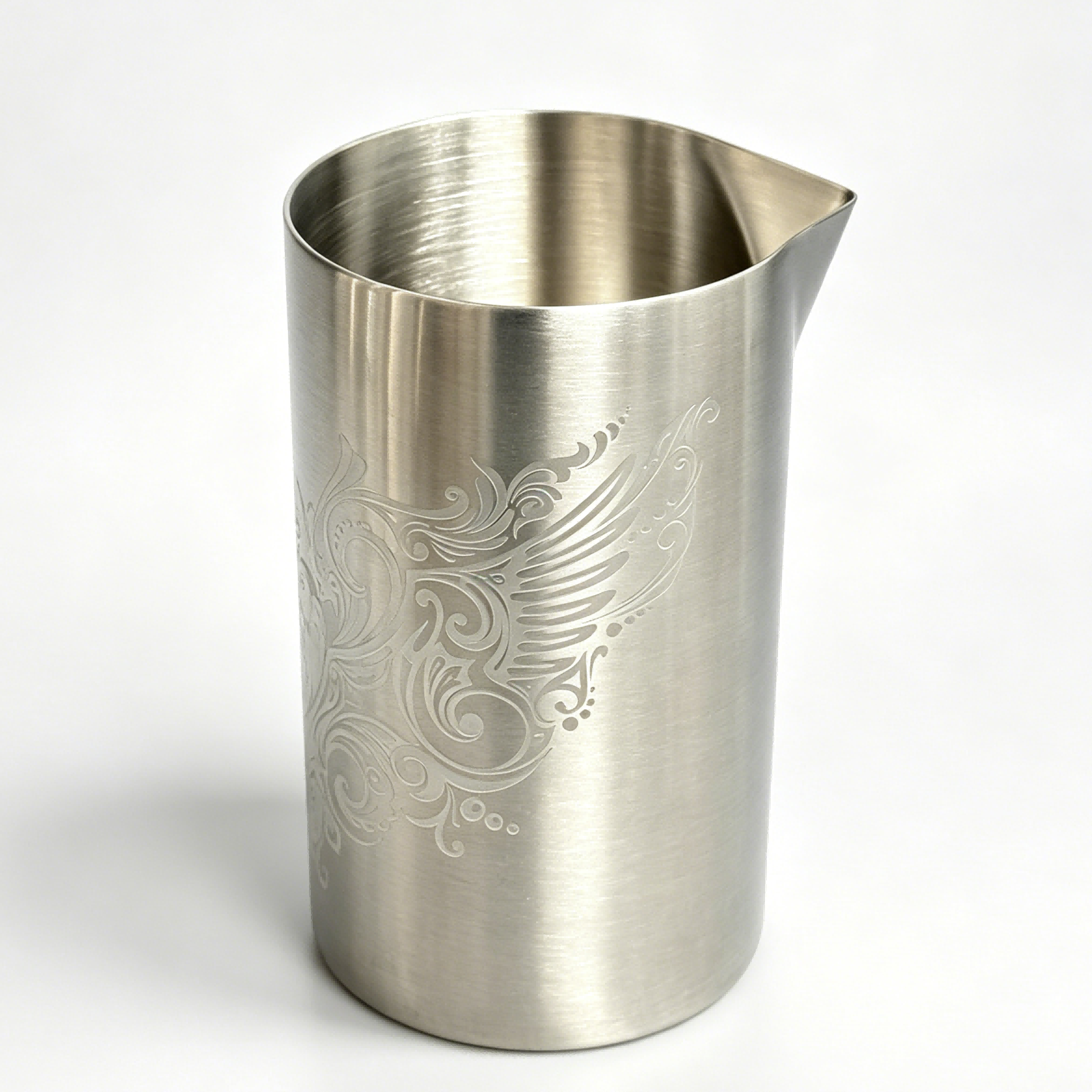wings pattern etched mixing tin, engraved cocktail mixing pitcher, stainless steel bartender mixing tin, wing etched stirring cup, craft cocktail barware, professional mixing vessel, home bar stirring tools, vintage engraved bar pitcher